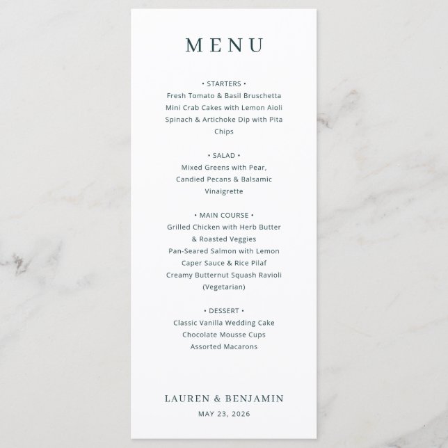 Menu de mariage élégant blanc serif (Devant)