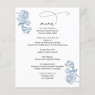 Menu de mariage élégant bleu floral moderne script