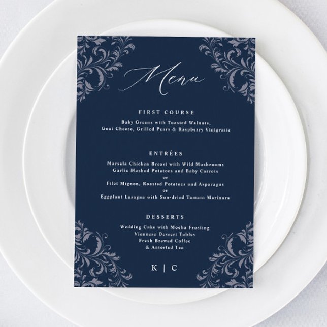 Menu de mariage élégant bleu marine classique vint (Créateur téléchargé)
