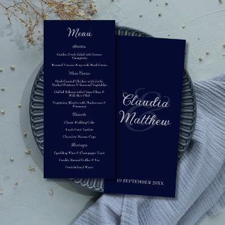 Menu de mariage élégant bleu marine et argent
