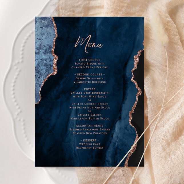 Menu de mariage élégant bleu marine or rose agate (Créateur téléchargé)