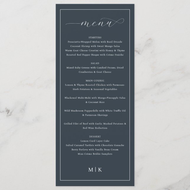 Menu de mariage élégant bleu marine sophistiqué (Devant)