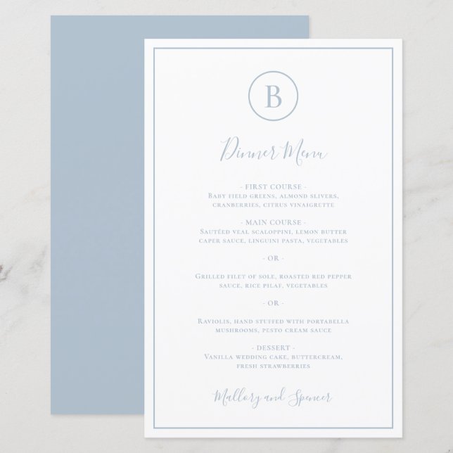 Menu de mariage élégant bleu poussiéreux tradition (Devant / Derrière)