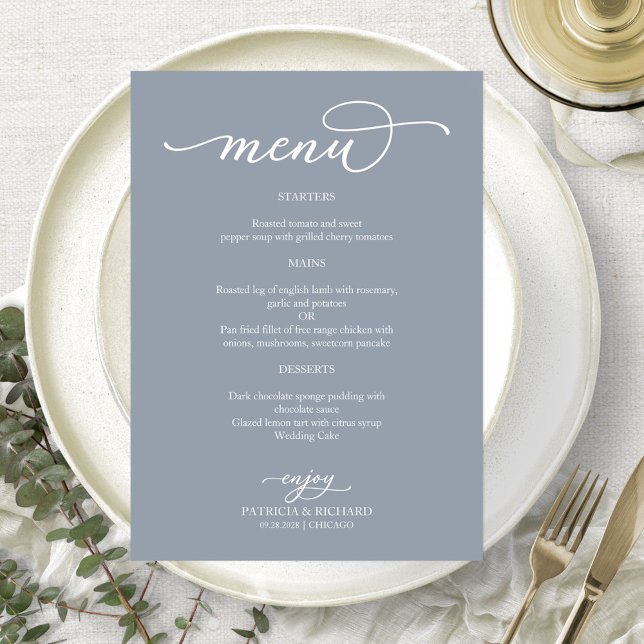 Menu de mariage élégant calligraphié bleu poussiér (Créateur téléchargé)