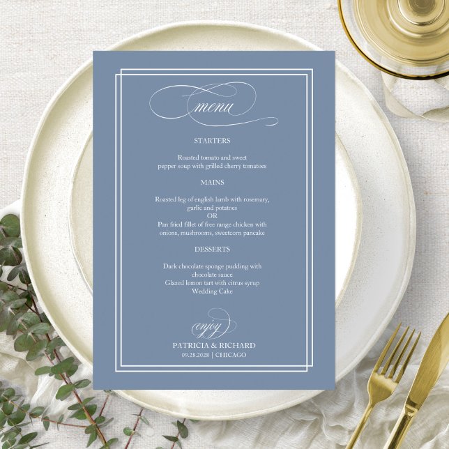 Menu de mariage élégant calligraphié bleu poussiér (Créateur téléchargé)