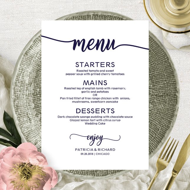 Menu de mariage élégant calligraphié en bleu marin (Créateur téléchargé)