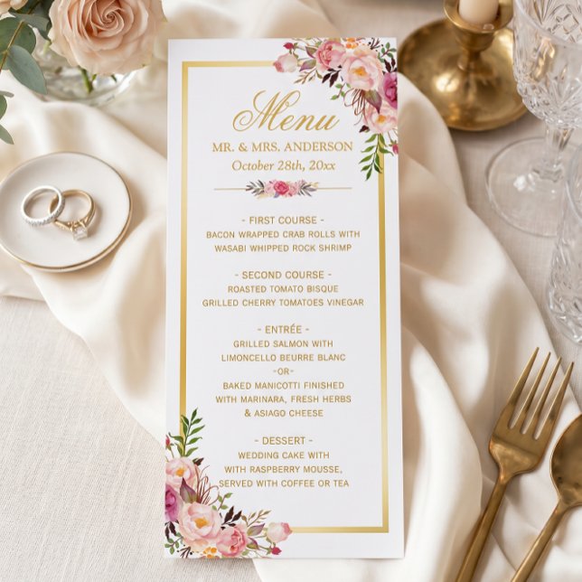 Menu de mariage élégant chic cadre doré floral (Créateur téléchargé)