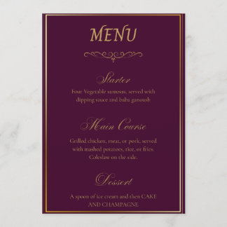 Menu de mariage élégant cygne violet et or