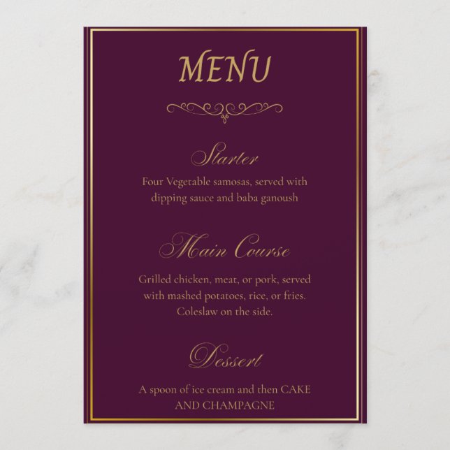 Menu de mariage élégant cygne violet et or (Devant)