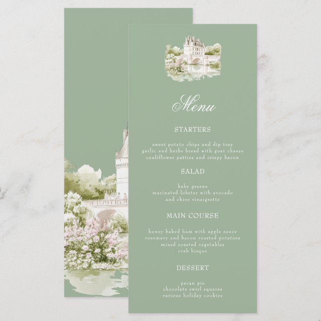 Menu de mariage élégant de manoir avec aquarelle d (Devant / Derrière)
