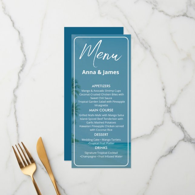 Menu de mariage élégant de réception de plage (Devant/Arrière en situation)