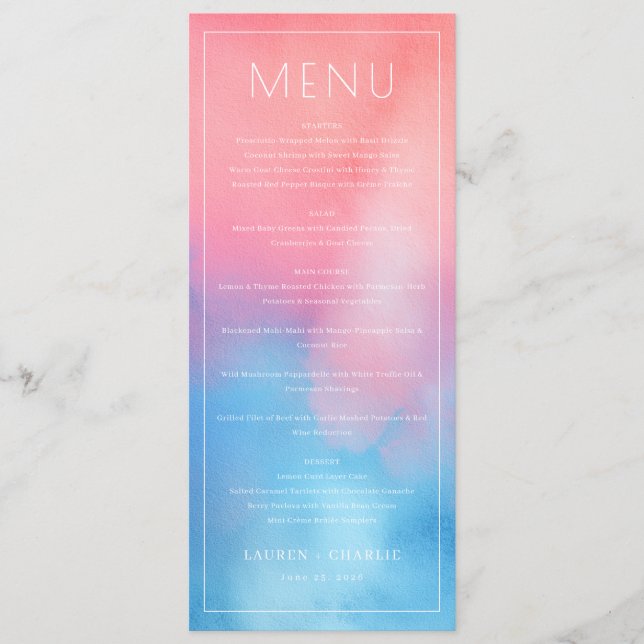 Menu de mariage élégant dégradé rose et bleu (Devant)