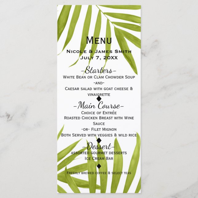 Menu de mariage élégant d'été avec feuilles tropic (Devant)