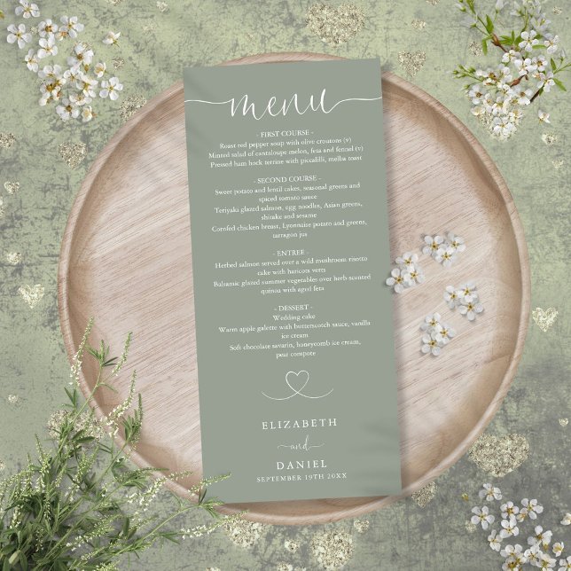 Menu de mariage élégant écriture cœur vert sauge (Sage Green Heart Script Wedding Dinner Menu)