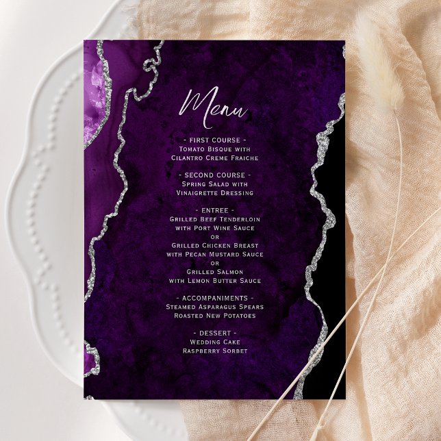 Menu de mariage élégant en agate argent violet (Créateur téléchargé)