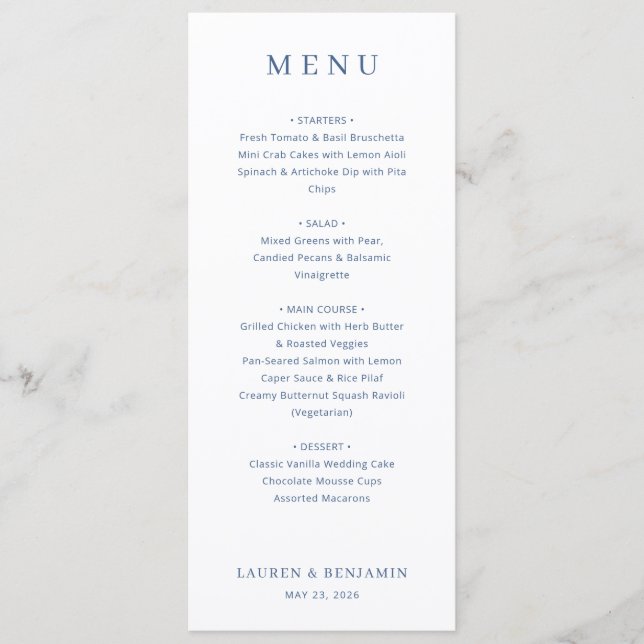 Menu de mariage élégant en bleu marine avec sérif (Devant)