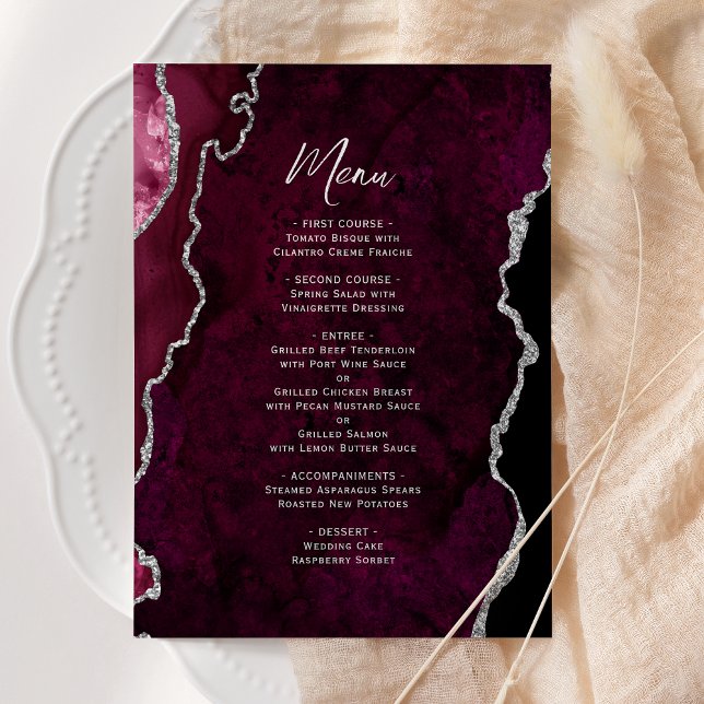 Menu de mariage élégant en burgundy argent agate (Créateur téléchargé)