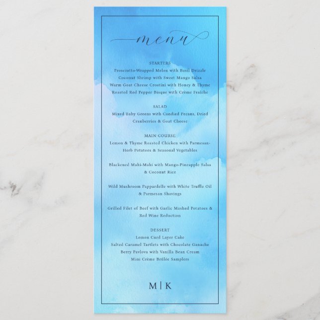 Menu de mariage élégant en cursive bleue (Devant)