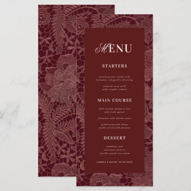 Menu de mariage élégant en dentelle de Bourgogne (Devant / Derrière)