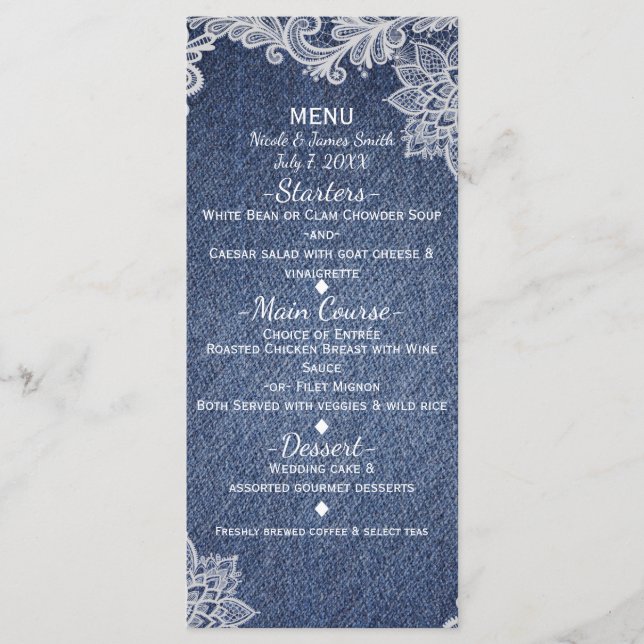 Menu de mariage élégant en dentelle florale en jea (Devant)
