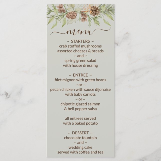 Menu de mariage élégant en écriture hiver beige (Devant)