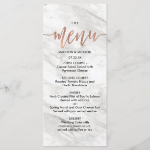Menu de mariage élégant en marbre blanc et or rose