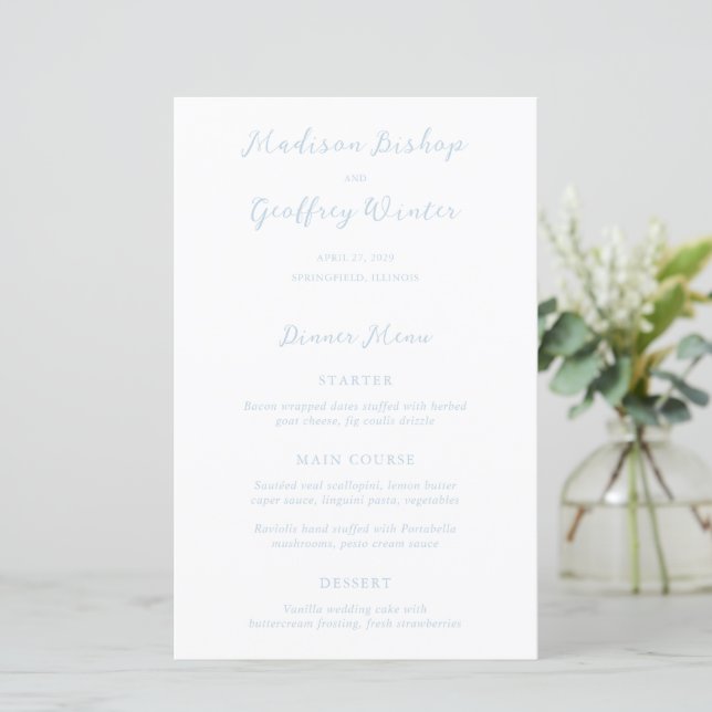 Menu de mariage élégant en poudre bleue Script Gra (Debout devant)
