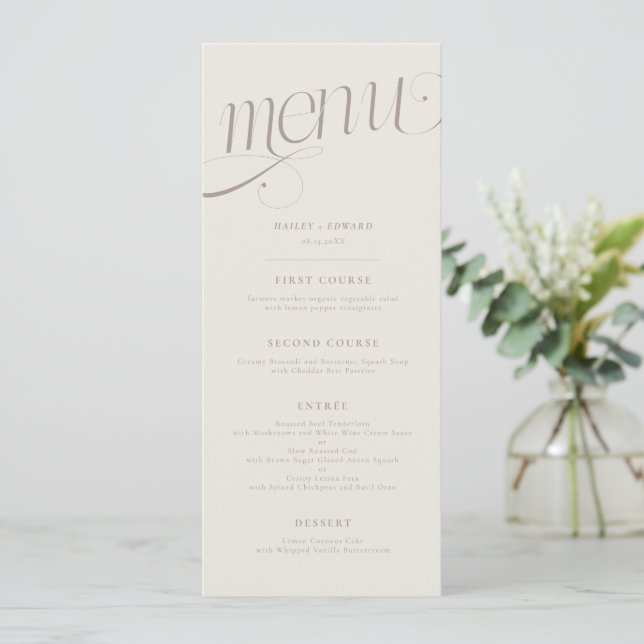 Menu de mariage élégant en spirale grège (Debout devant)