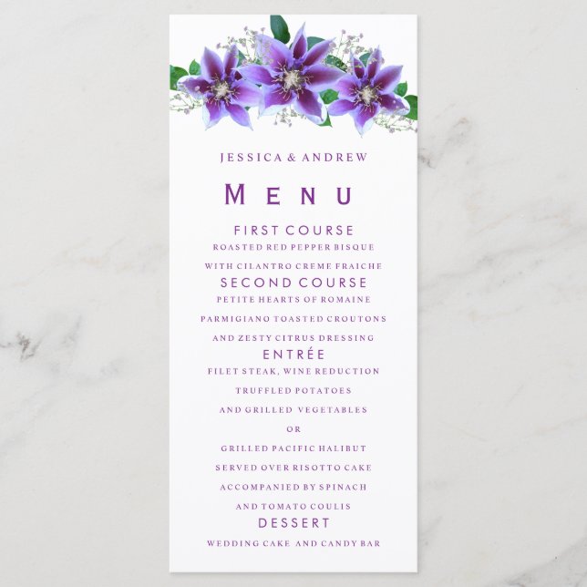 Menu de mariage élégant et chic Clématite (Devant)