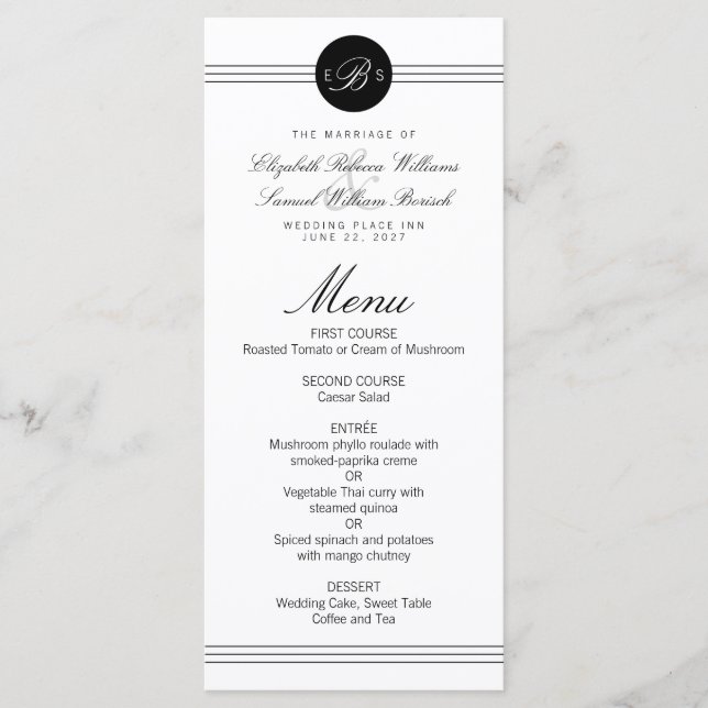 Menu de mariage élégant et chic Monogramme noir po (Devant)
