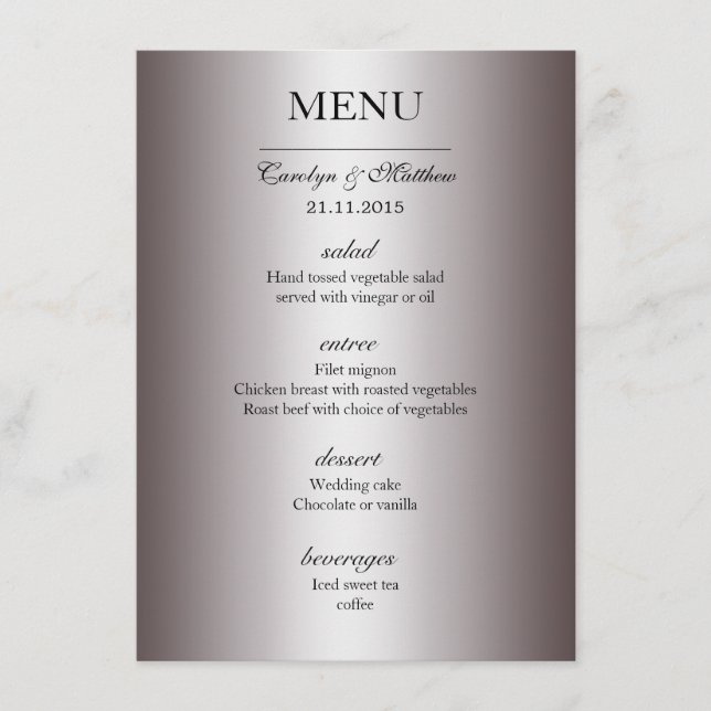 Menu de mariage élégant et classe argenté (Devant)