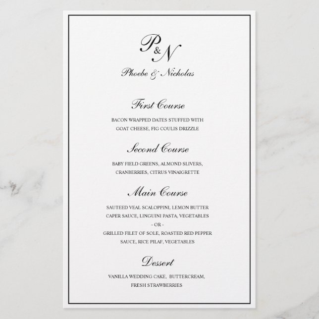 Menu de mariage élégant et classique noir et blanc (Devant)
