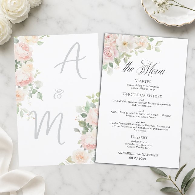 Menu de mariage élégant et doux avec des roses ros (Créateur téléchargé)