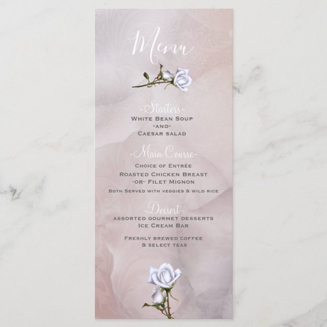 Menu de mariage élégant et glamour aux roses blanc (Devant)