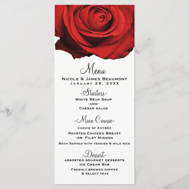 Menu de mariage élégant et glamour Rose rouge mode (Devant)