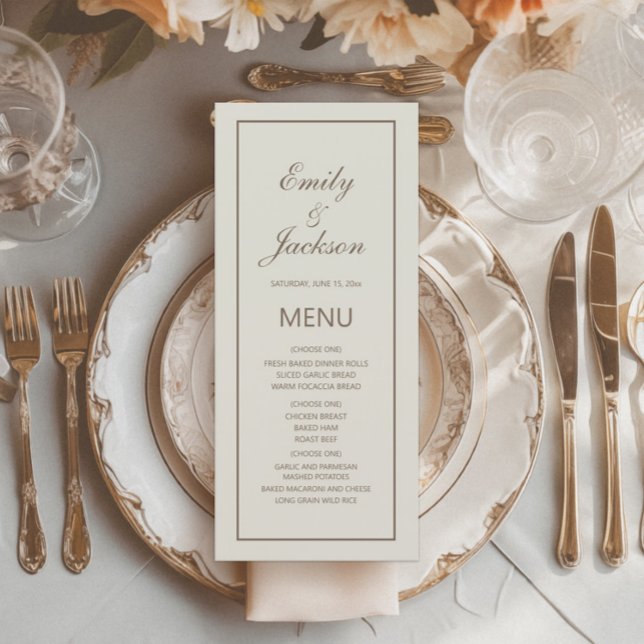 Menu de mariage élégant et moderne crème marron (Cream-colored wedding reception menu)