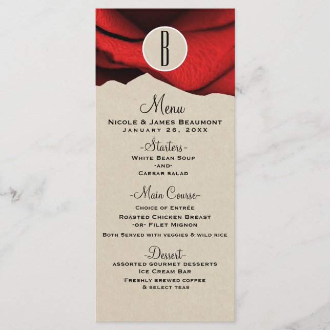 Menu de mariage élégant et rustique glamour Red Ro (Devant)