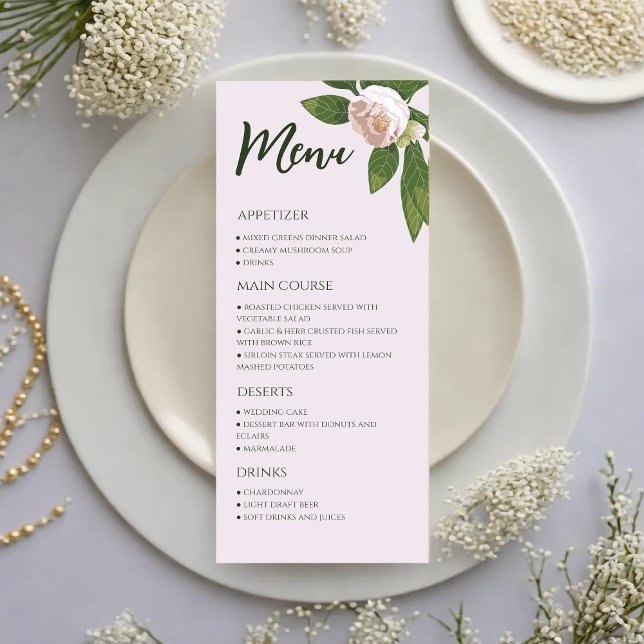 Menu de mariage élégant et simple avec des fleurs  (Greenery Floral Simple Elegant Wedding Menu)