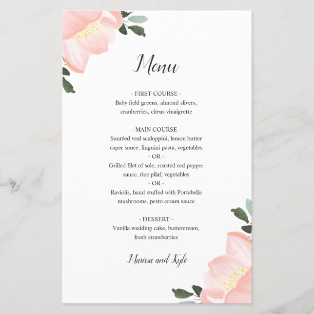 Menu de mariage élégant floral aquarelle rose (Devant)