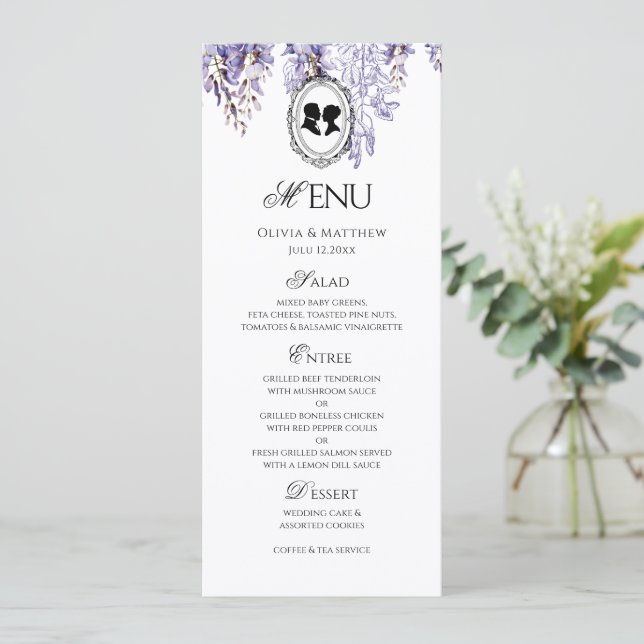 Menu de mariage élégant floral régence vintage (Debout devant)