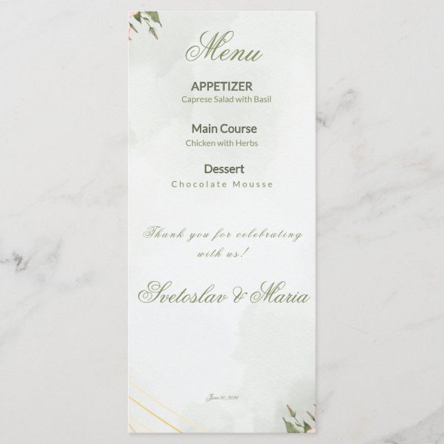 Menu de mariage élégant floral rose et géométrique (Devant)
