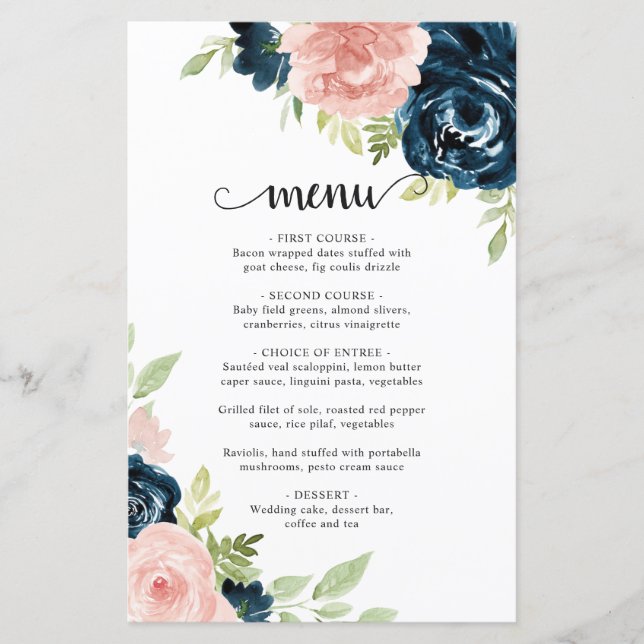Menu de mariage élégant floral rose fuchsia bleu m (Devant)