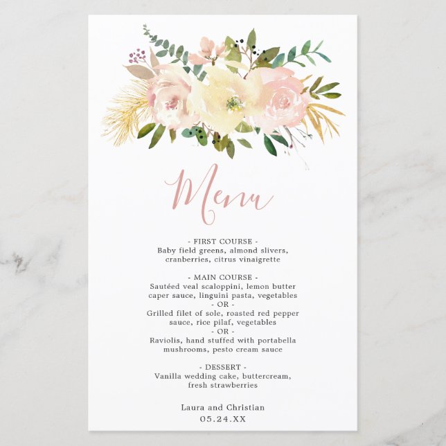 Menu de mariage élégant floral rose tendre (Devant)