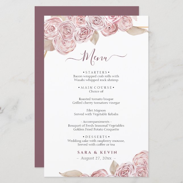 Menu de mariage élégant floral vanille rose (Devant / Derrière)