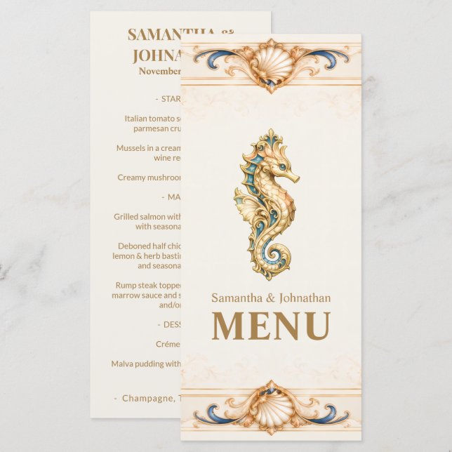 Menu de mariage élégant Hippocampe Nautilus Plage (Devant / Derrière)