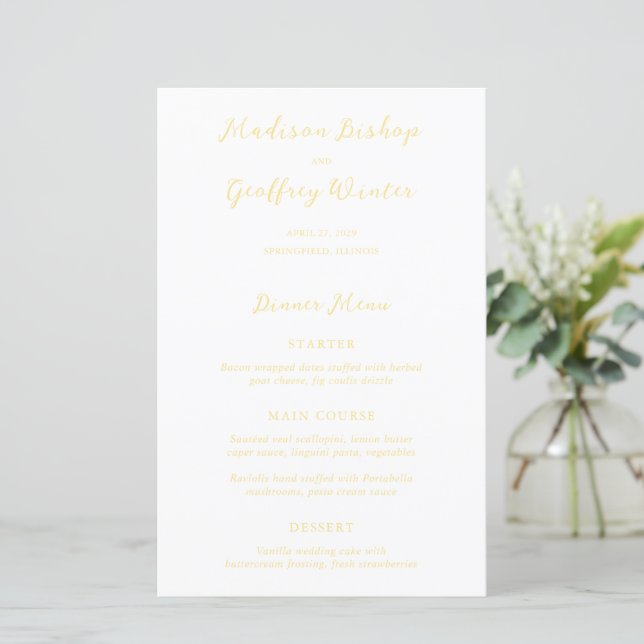 Menu de mariage élégant jaune beurre Script gras (Debout devant)