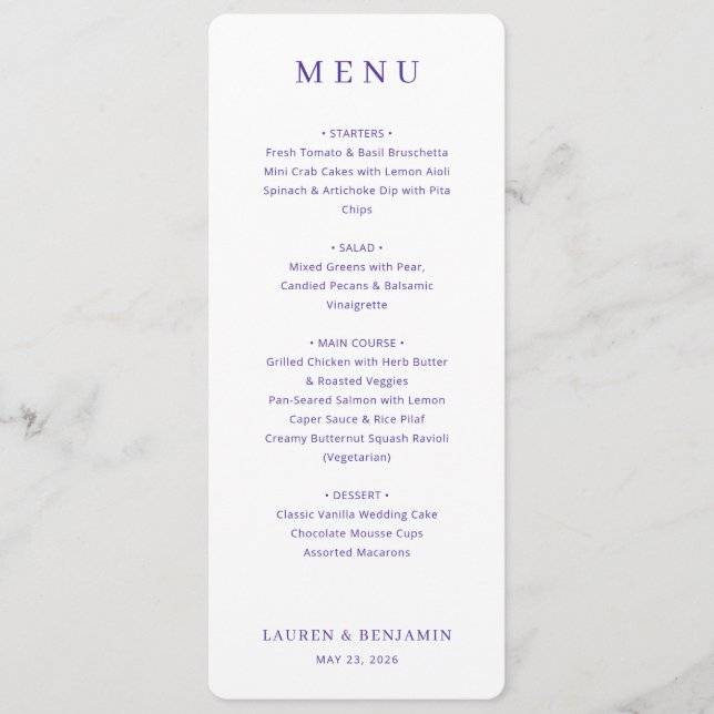 Menu de mariage élégant lavande (Devant)