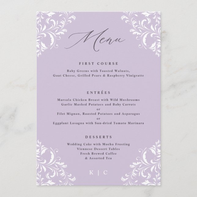 Menu de mariage élégant lavande violet vintage (Devant)