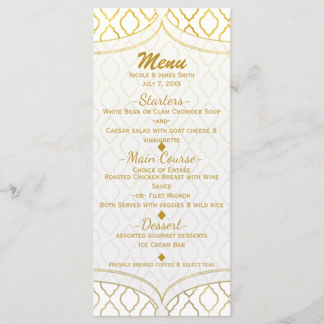 Menu de mariage élégant marocain glamour or et bla (Devant)