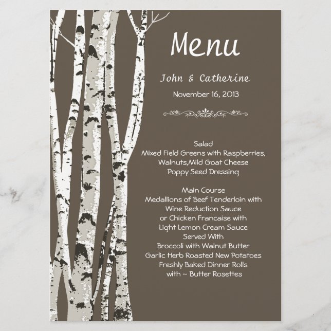 Menu de mariage élégant marron avec des bouleaux (Devant)